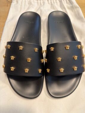 Authentic Versace Black Slide Sandals with Gold Medusa Stud Accents